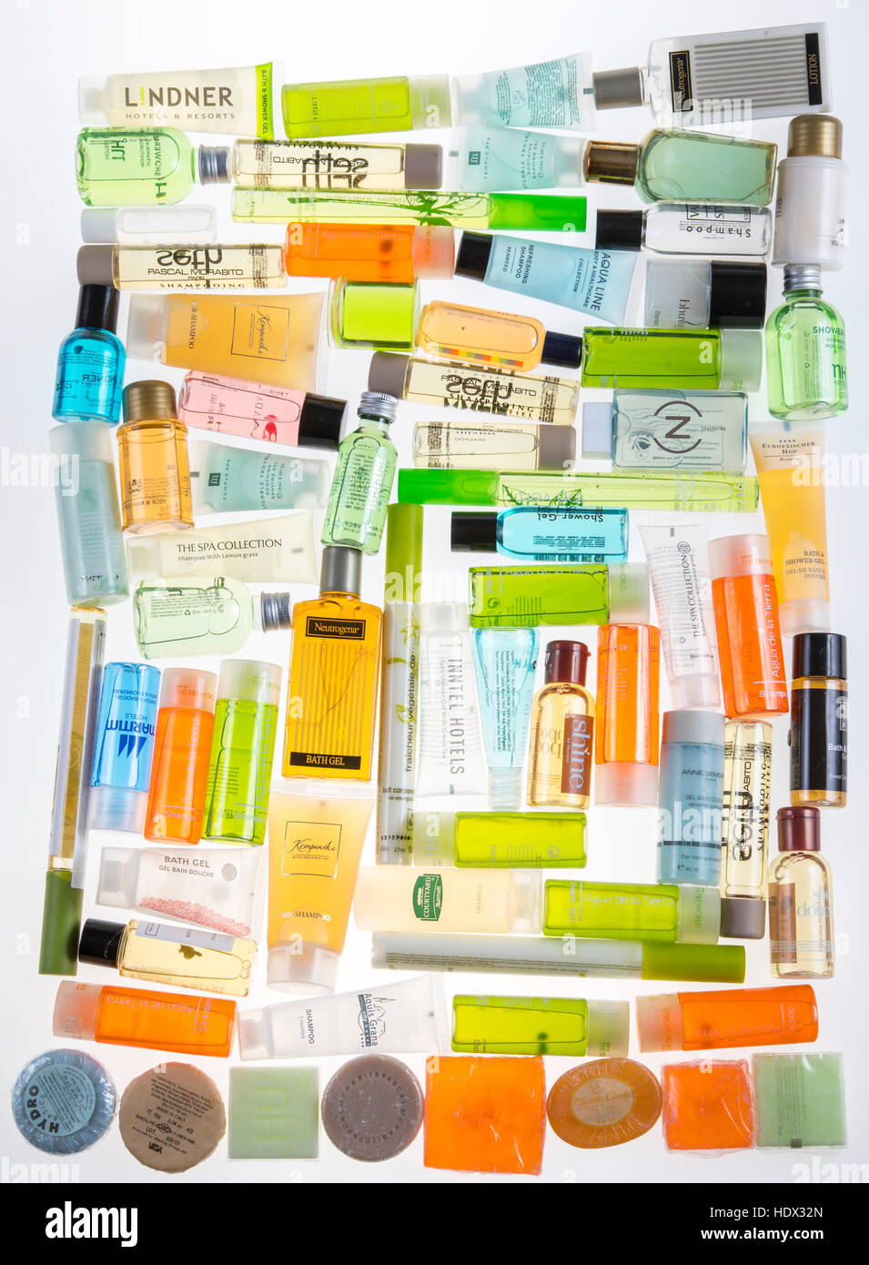 Many different body care products, perfumes, shower gels, bath gels, hair shampoos, body lotions, sample packs, hotel amenities, bottlings, Stock Photo