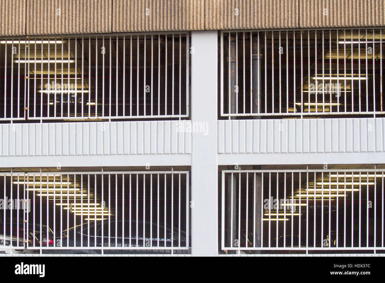 Lines, grills, and lights in City Centre, Car Park, Liverpool