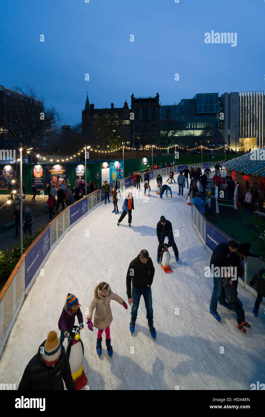 Edinburgh Christmas tourism, Scotland - St Andrews Square, 'Festive Square'. Skating circuit. Stock Photo