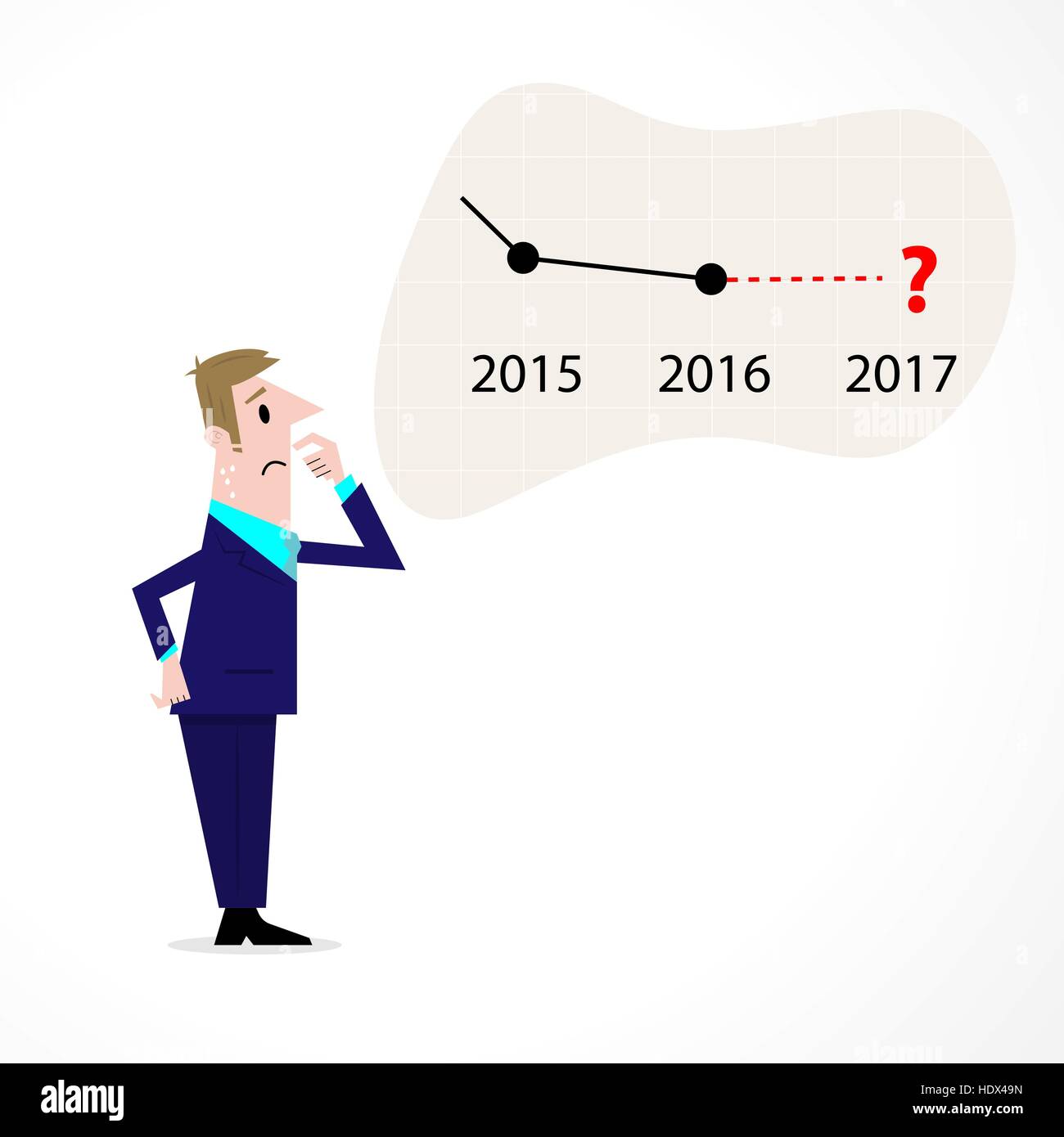 Business man confused stock market arrow.Sad businessman with graph indicating a regression. The concept of business failure, bankruptcy. Stock Vector