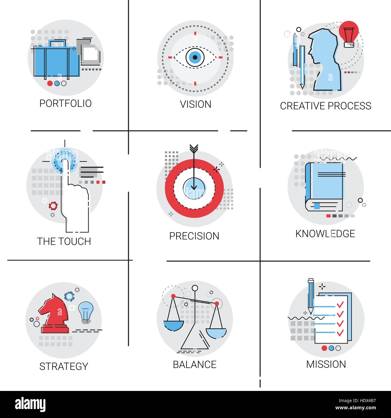 Knowledge Learning Creative Process, Portfolio Strategy Mission Icon Set Stock Vector Image