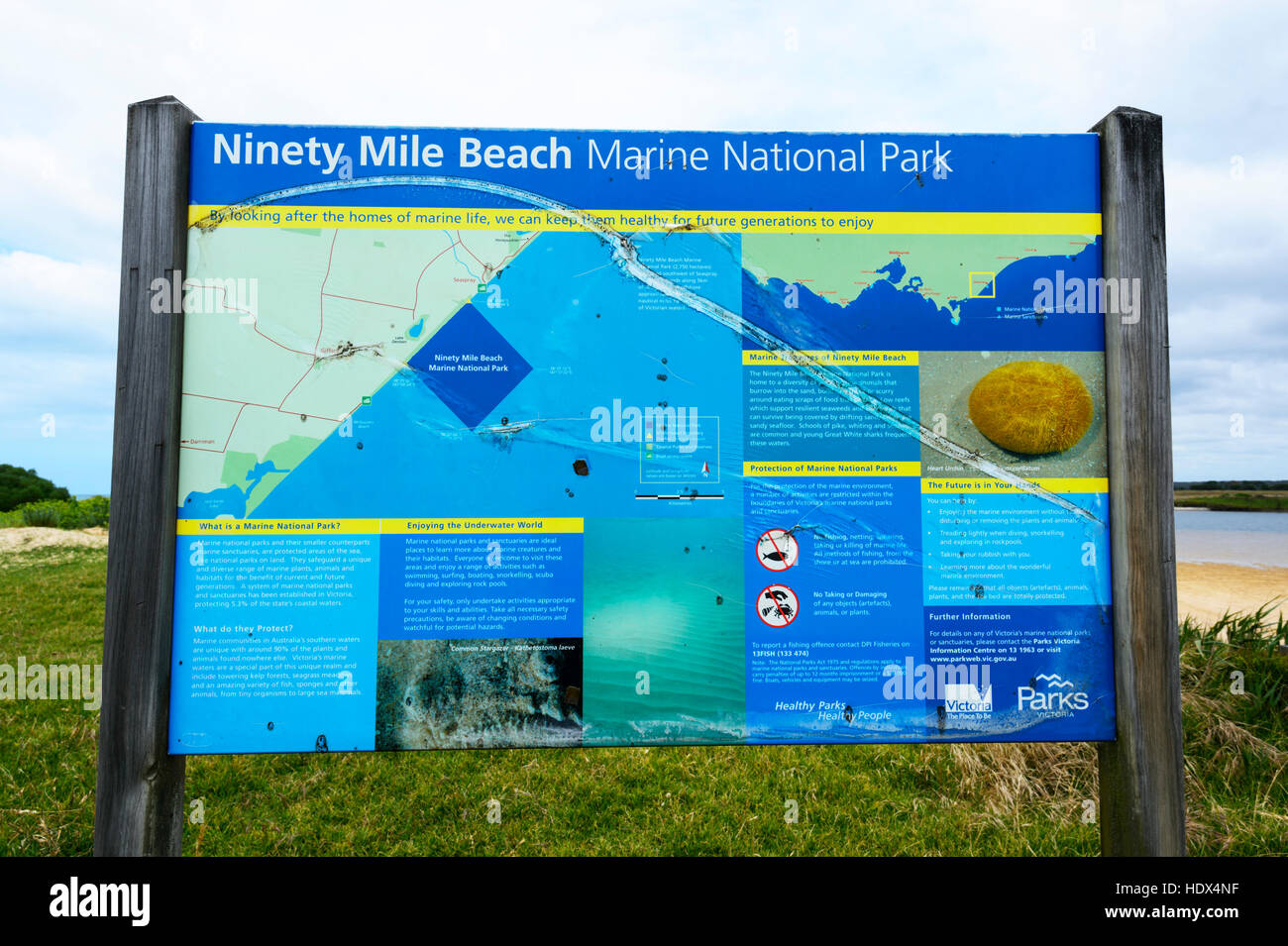 'Ninety Mile Beach Marine National Park' information board and map at Seaspray, Victoria, VIC, Australia Stock Photo