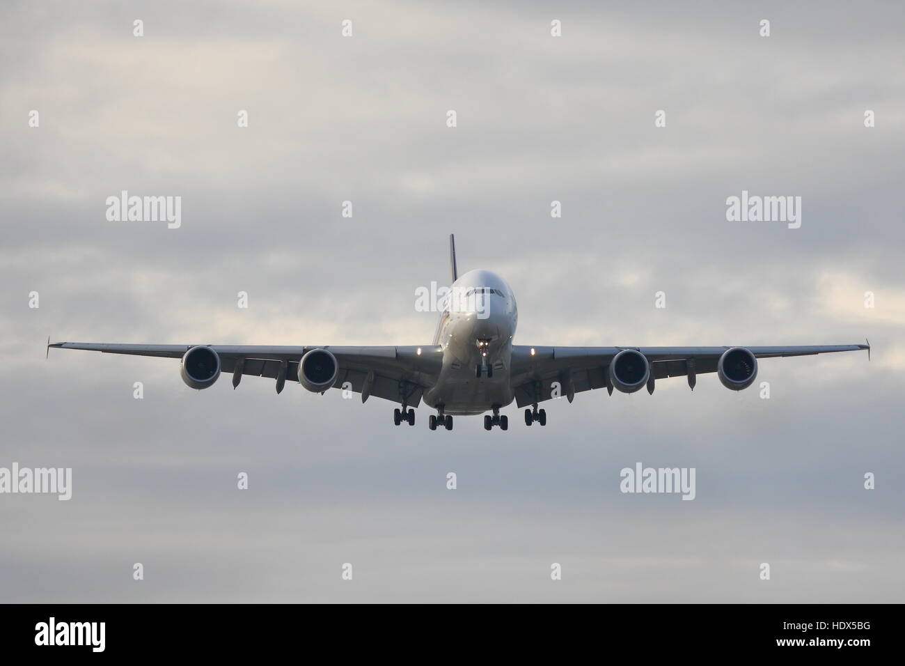 Singapore Airlines Airbus A380 approaching Heathrow Airport in London, UK Stock Photo