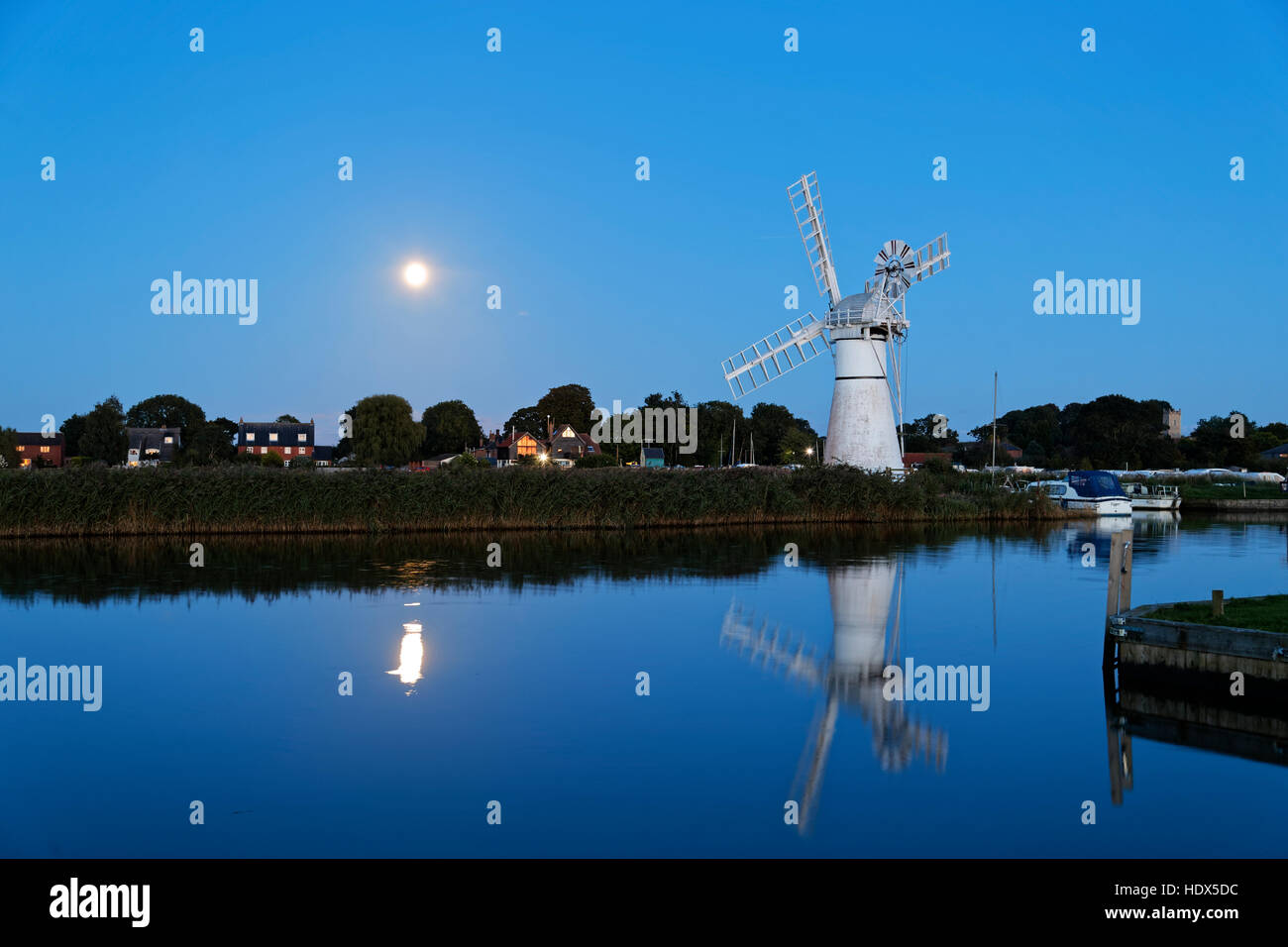 Thurne mill moon rise Stock Photo