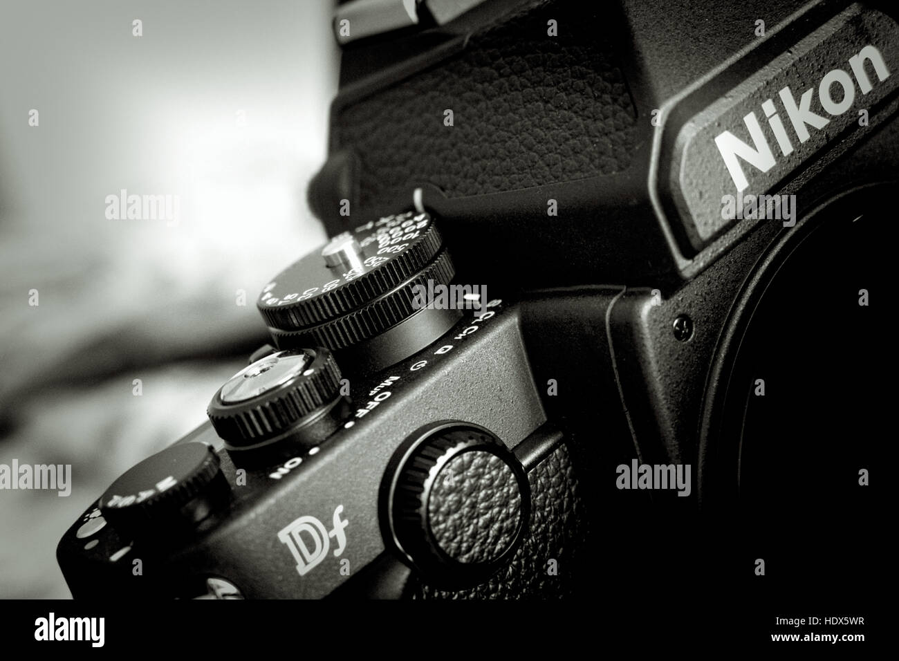 A closeup of Nikon Df SLR camera in monochrome Stock Photo