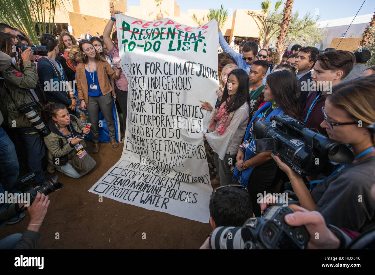 Climate Justice unveil their 'People's To-Do List', in the wake of Donald Trump being elected to the position of President Elect of the USA, during the COP22 UN Climate Change Conference being held in Marrakech, Morocco, on 9 November 2016. Stock Photo