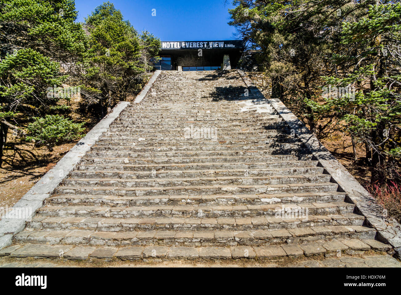The stairway leading to the Everest View Hotel, located high above Namche Bazar on 3900m altitude Stock Photo