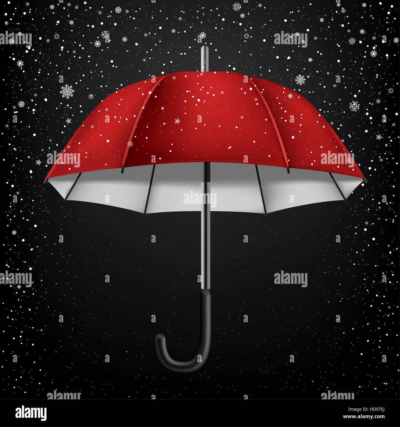 The opened red and white umbrella on falling snow background Stock
