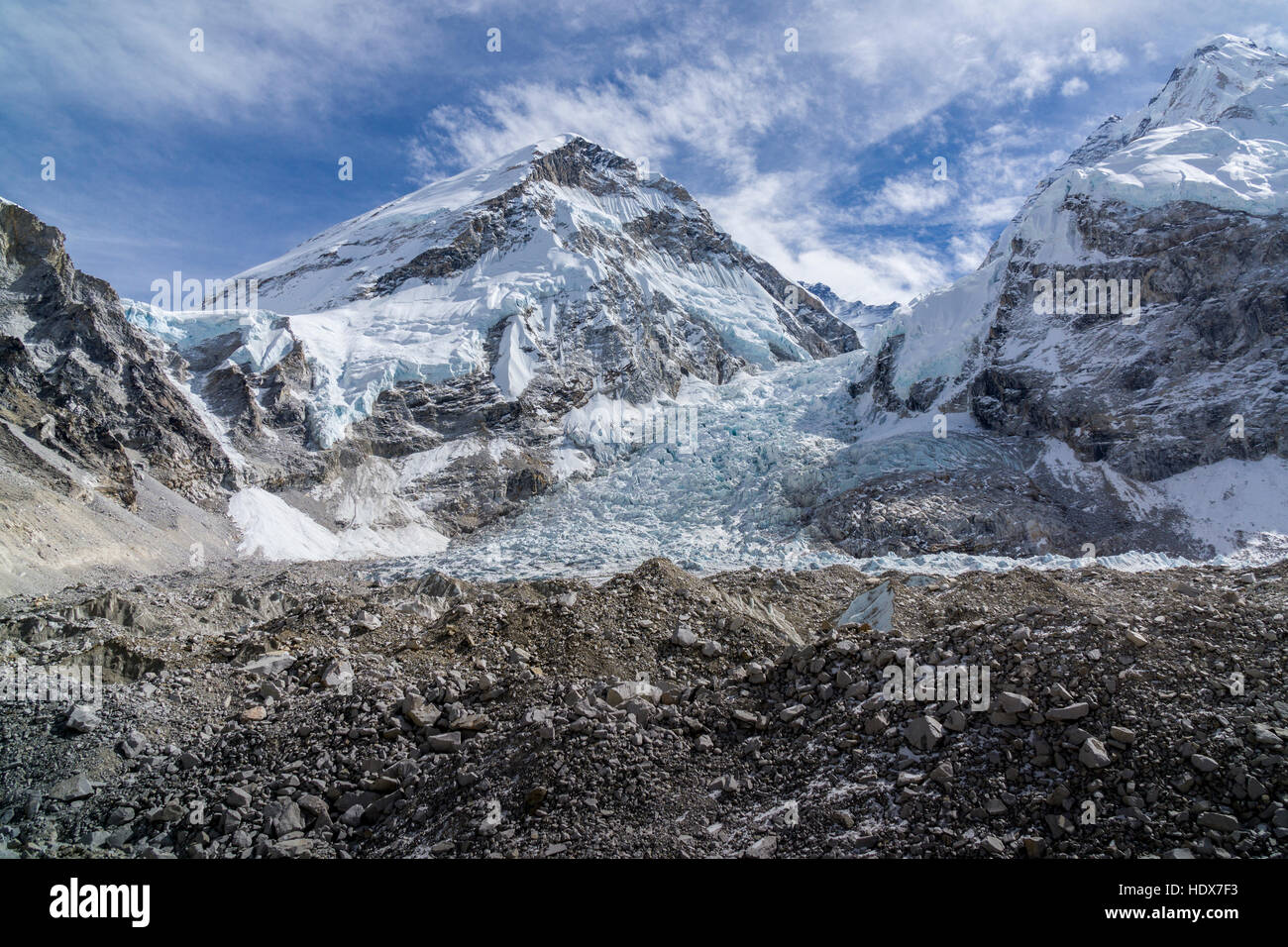 View across the Kumbhu Glacier towards the Kumbhu Icefall, the mountain Khumbutse (6665m) behind it Stock Photo