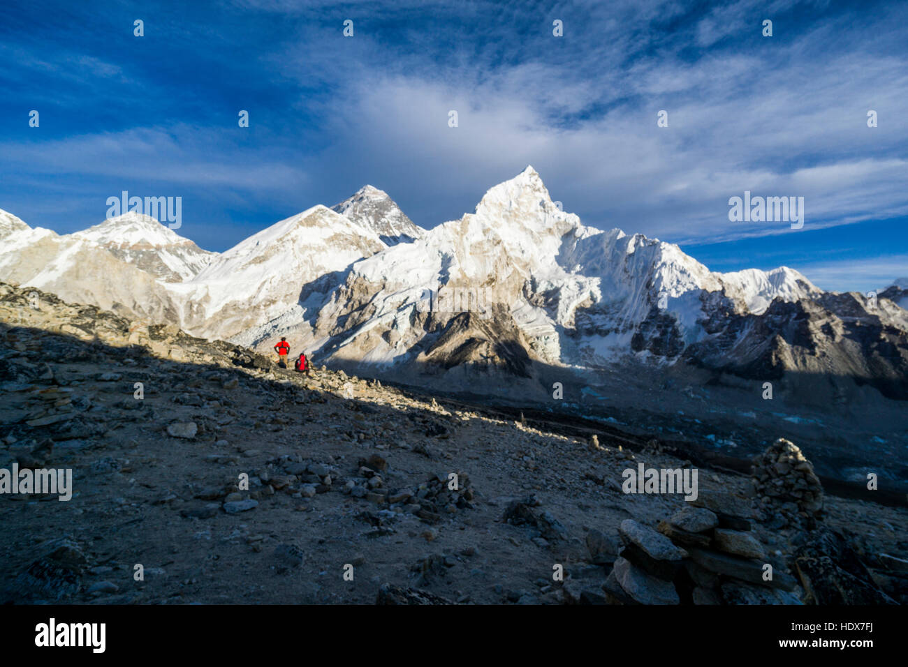 The massif of the mountains around Mt. Everest (8848m) and Nuptse (7861m) at sunset, seen from Kala Pathar (5545m) Stock Photo