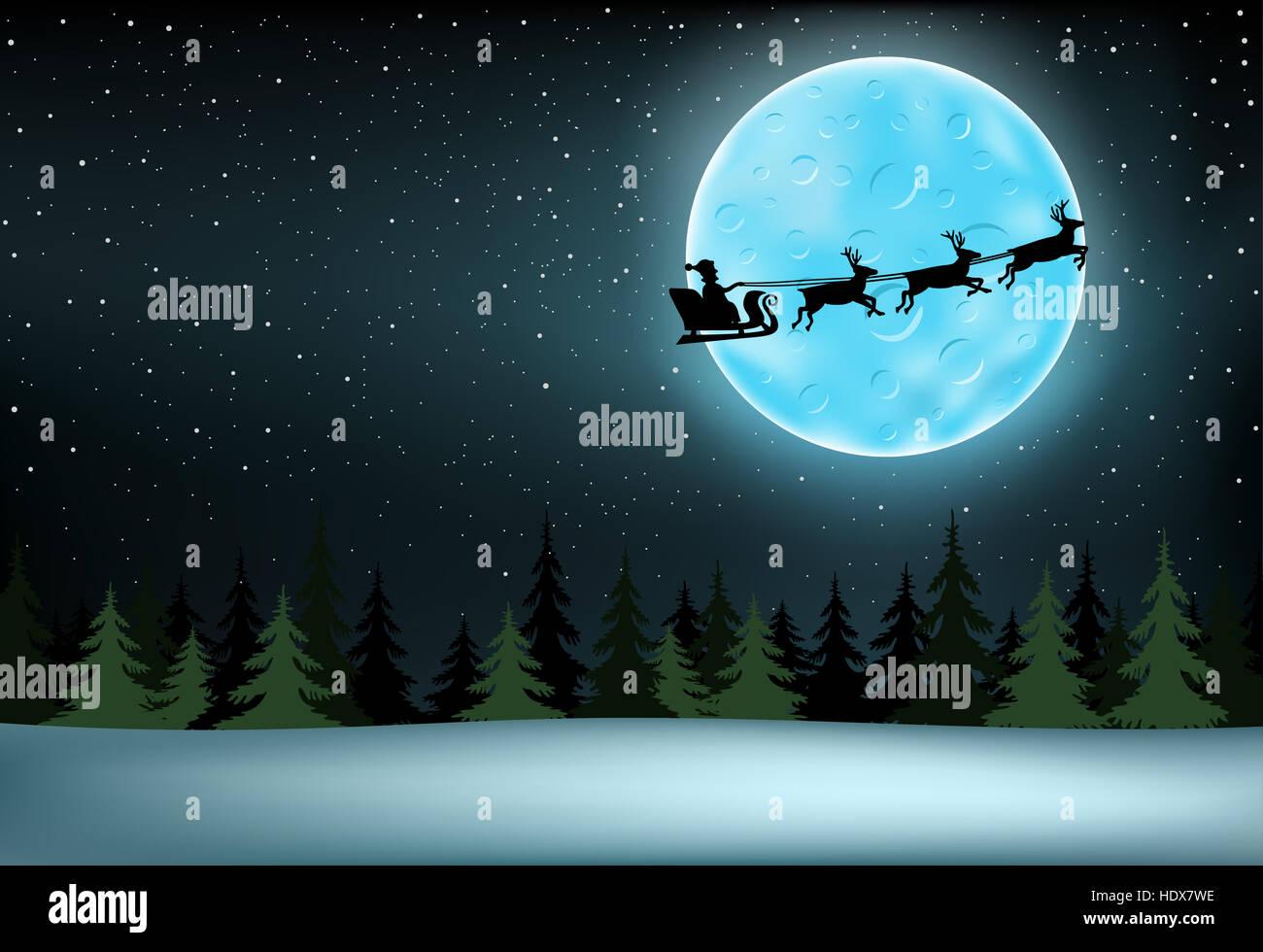 The Santa Claus with reindeer flying over night spruce wood, large moon ...