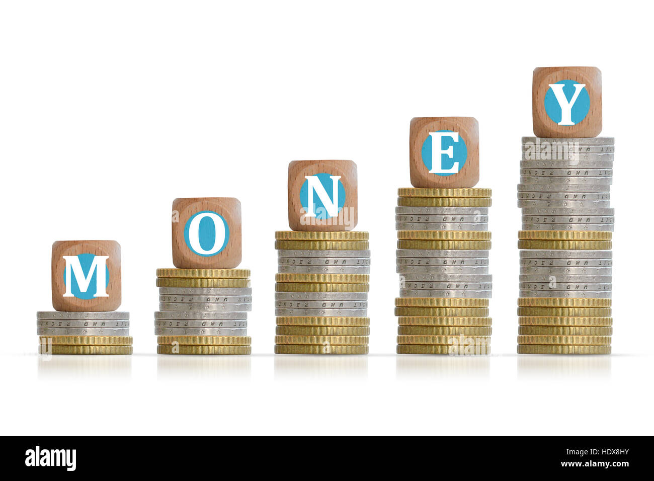 Make money concept with coins ladder and wooden cubes Stock Photo