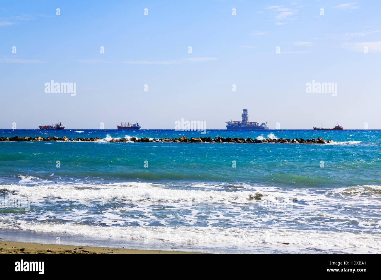 Frieghters and commercial shipping laying at anchor off the coast of Limassol, Cyprus. Stock Photo