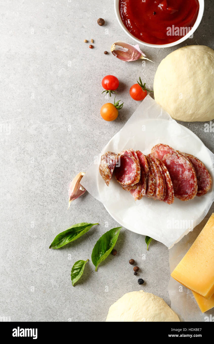 Pizza ingredients on concrete, food top view Stock Photo Alamy