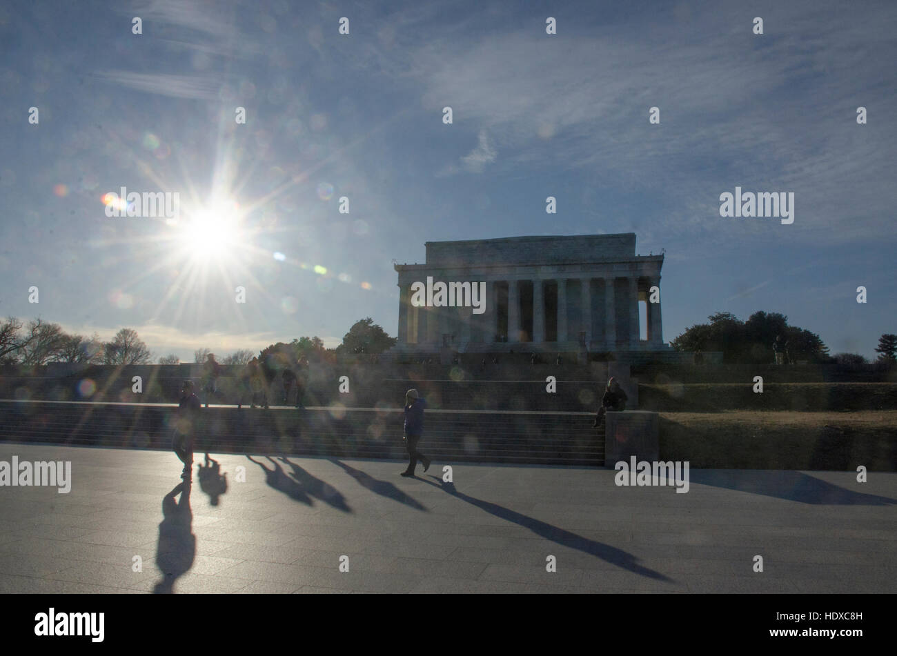 Late afternoon sun casts long shadows at the Lincoln Memorial, on the National Mall in Washington, DC. Stock Photo