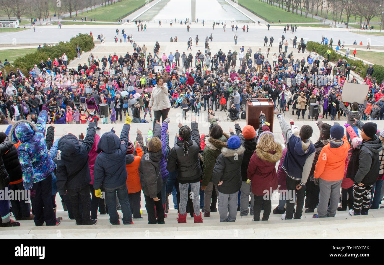 Students recite the 'I Have a Dream' speech at the Lincoln Memorial, on the National Mall in Washington, DC. Stock Photo