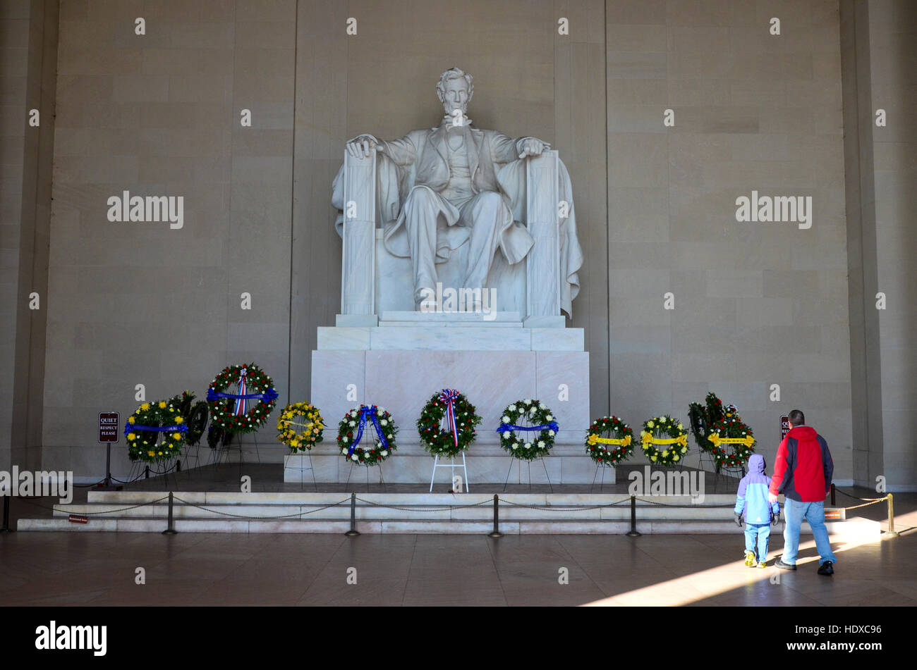 Wreaths from civic and state organizations mark Lincoln's birthday on Presidents Day at the Lincoln Memorial. Stock Photo