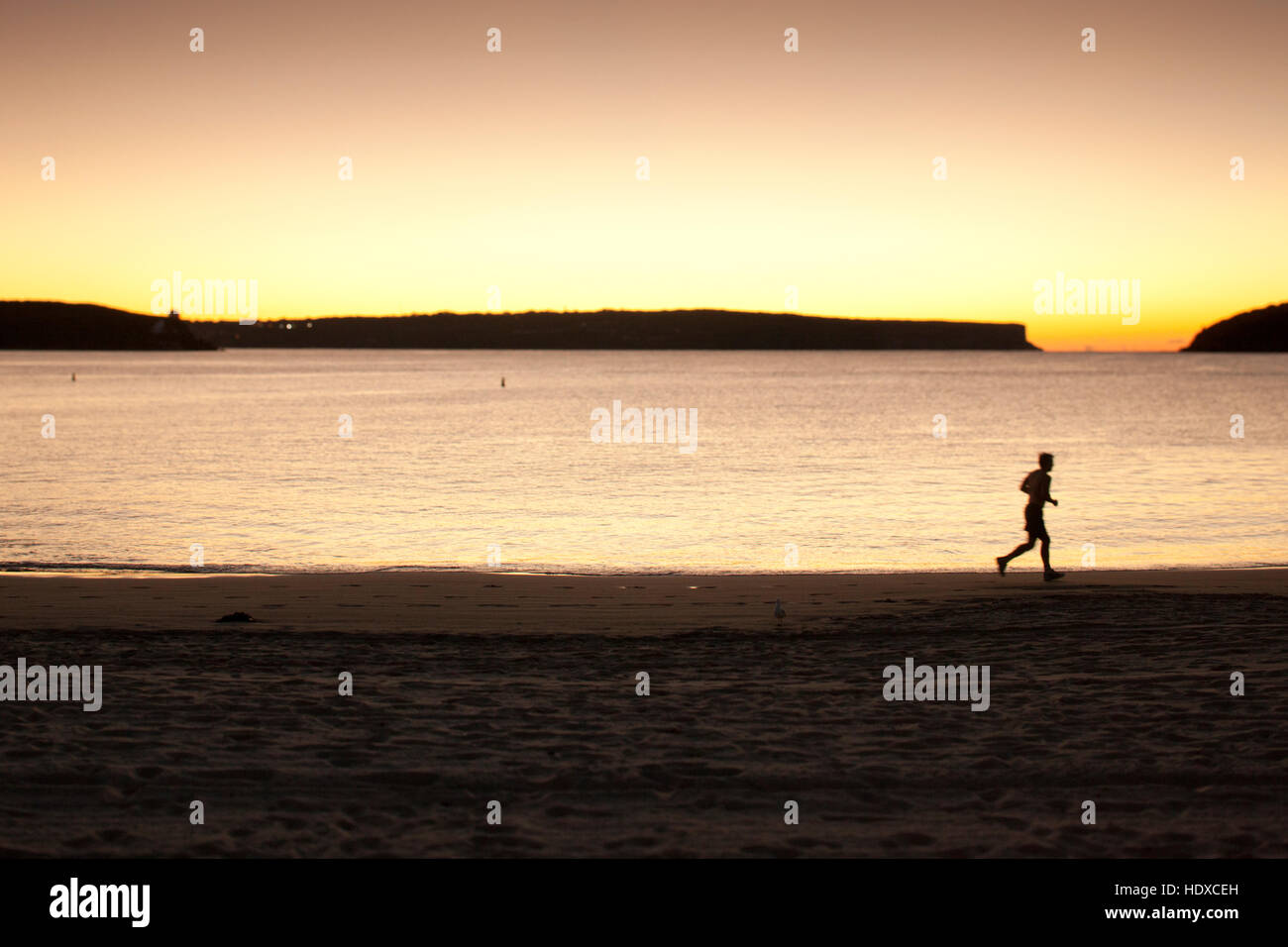 Silhouette of a jogger running along a beach before sunrise Stock Photo