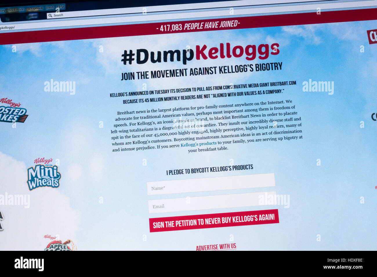 Campaign to boycott Kelloggs after they withdrew advertising from right wing American website Breitbart.com. Stock Photo
