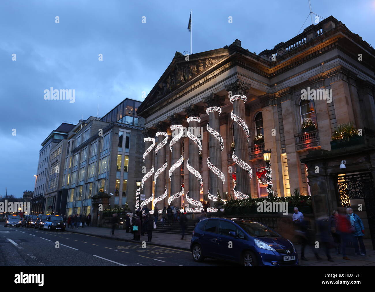 Exterior of the Dome restaurant with Christmas decorations George Street Edinburgh Scotland  December 2016 Stock Photo