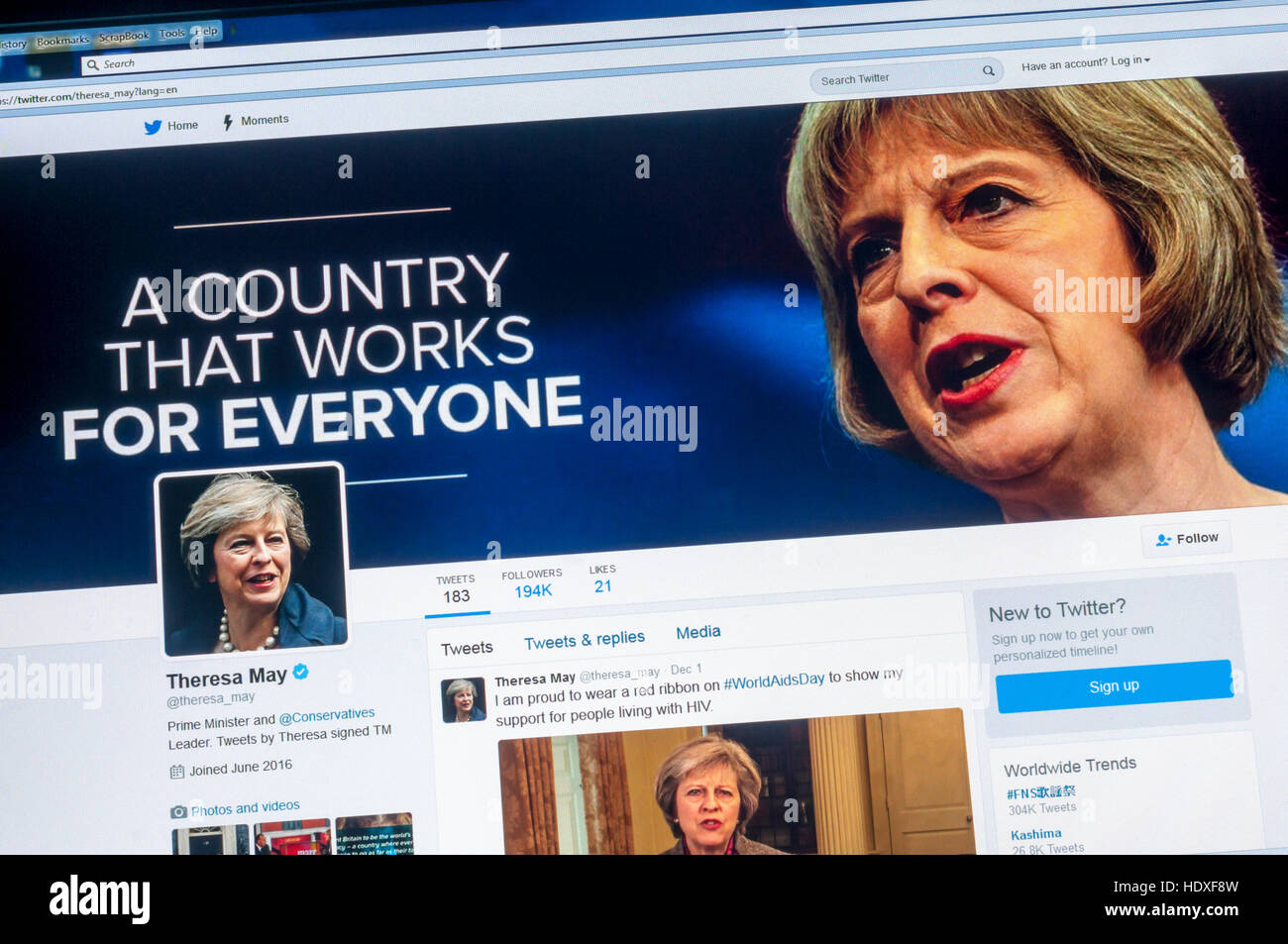 The twitter account of the British Prime Minister, Theresa May. Stock Photo