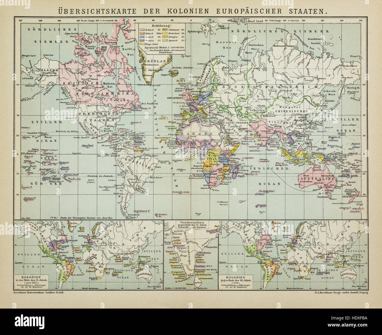 Antique map world colonies of the European states in the 19th Century, from the German Brockhaus Conversation Encyclopedia 14th Stock Photo