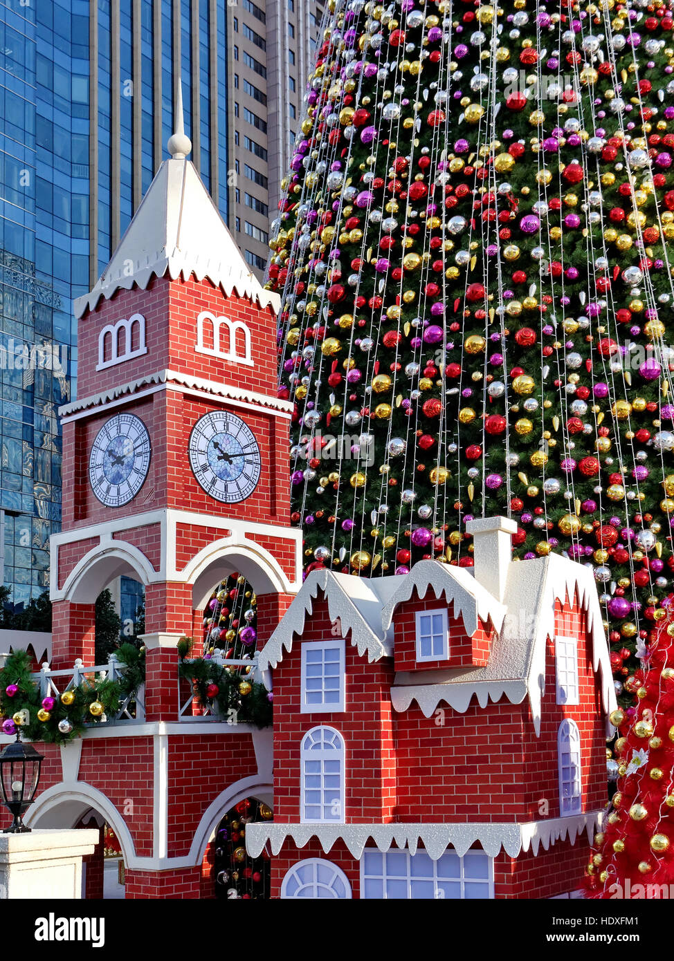 Christmas Clock Tower and big Christmas tree Stock Photo Alamy