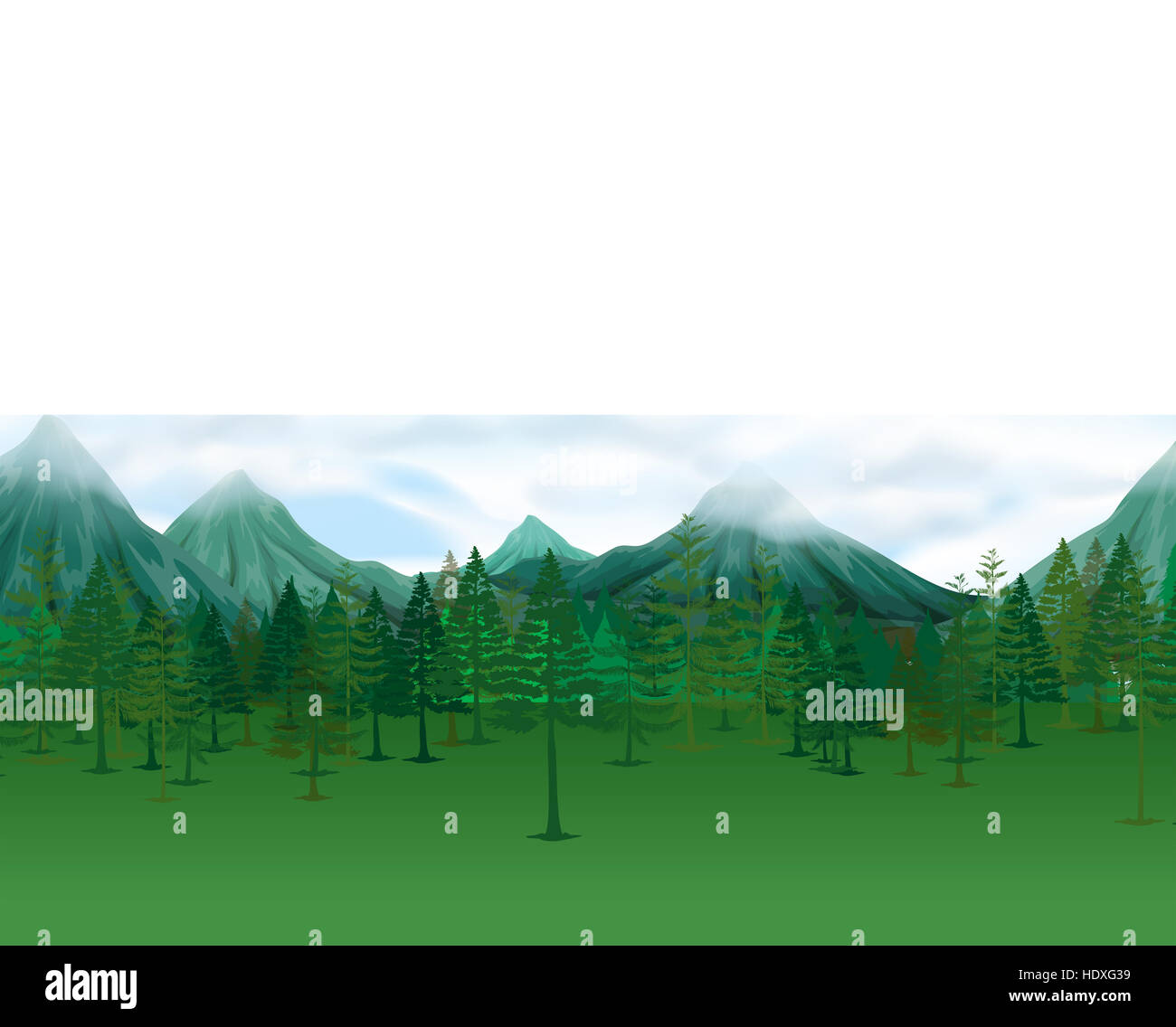 Nature scene with pine trees and mountains illustration Stock Photo - Alamy