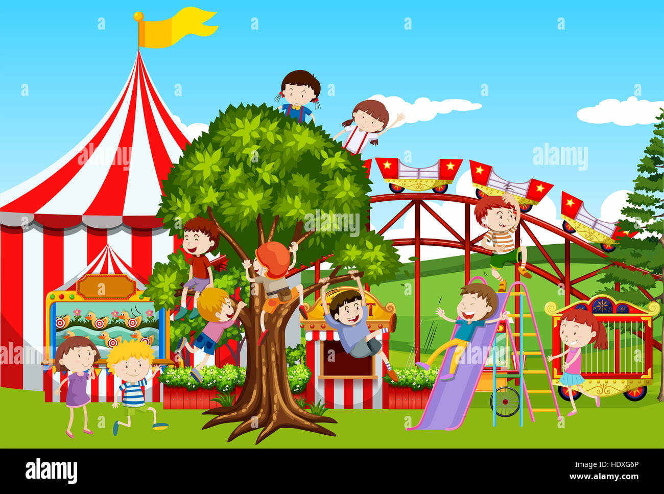 Many kids playing in the fun park illustration Stock Photo