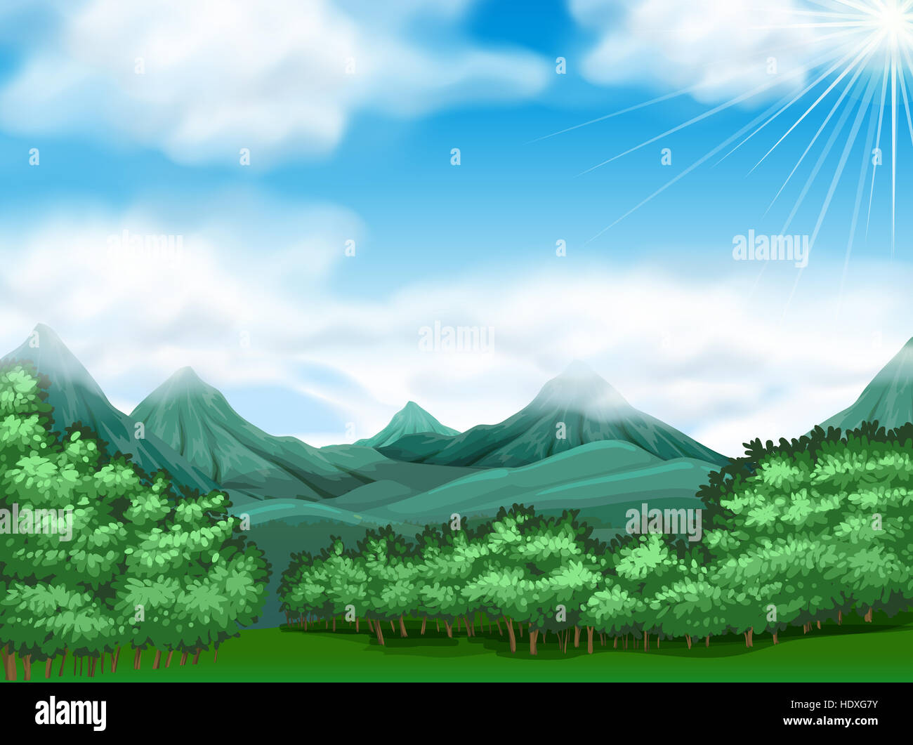 Forest scene with trees and mountains illustration Stock Photo - Alamy
