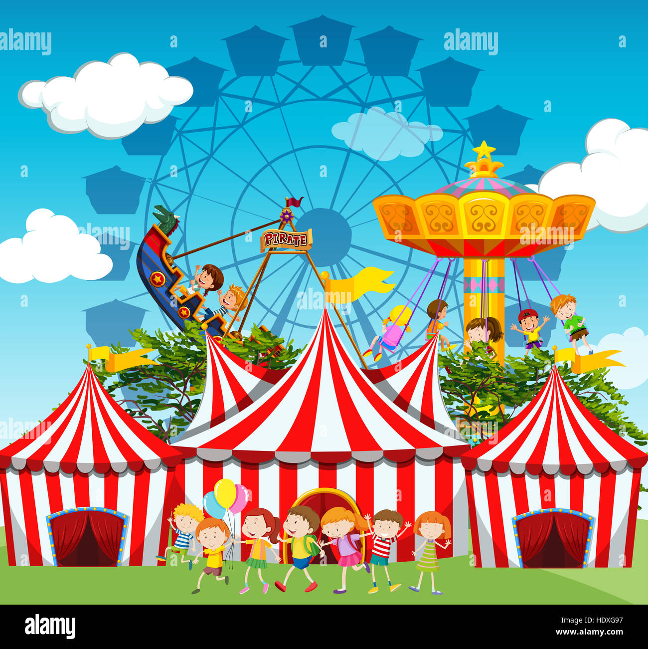 Circus scene with children and rides illustration Stock Photo