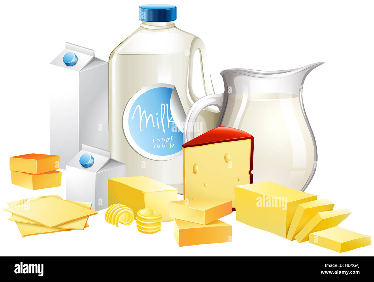 Different types of dairy products illustration Stock Photo - Alamy