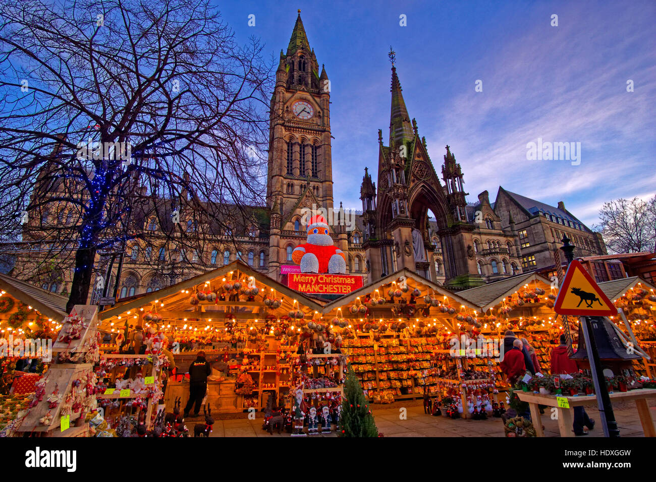 Manchester Christmas Market and Town Hall at Albert Square, Manchester Town Centre, Greater Manchester. England. UK Stock Photo
