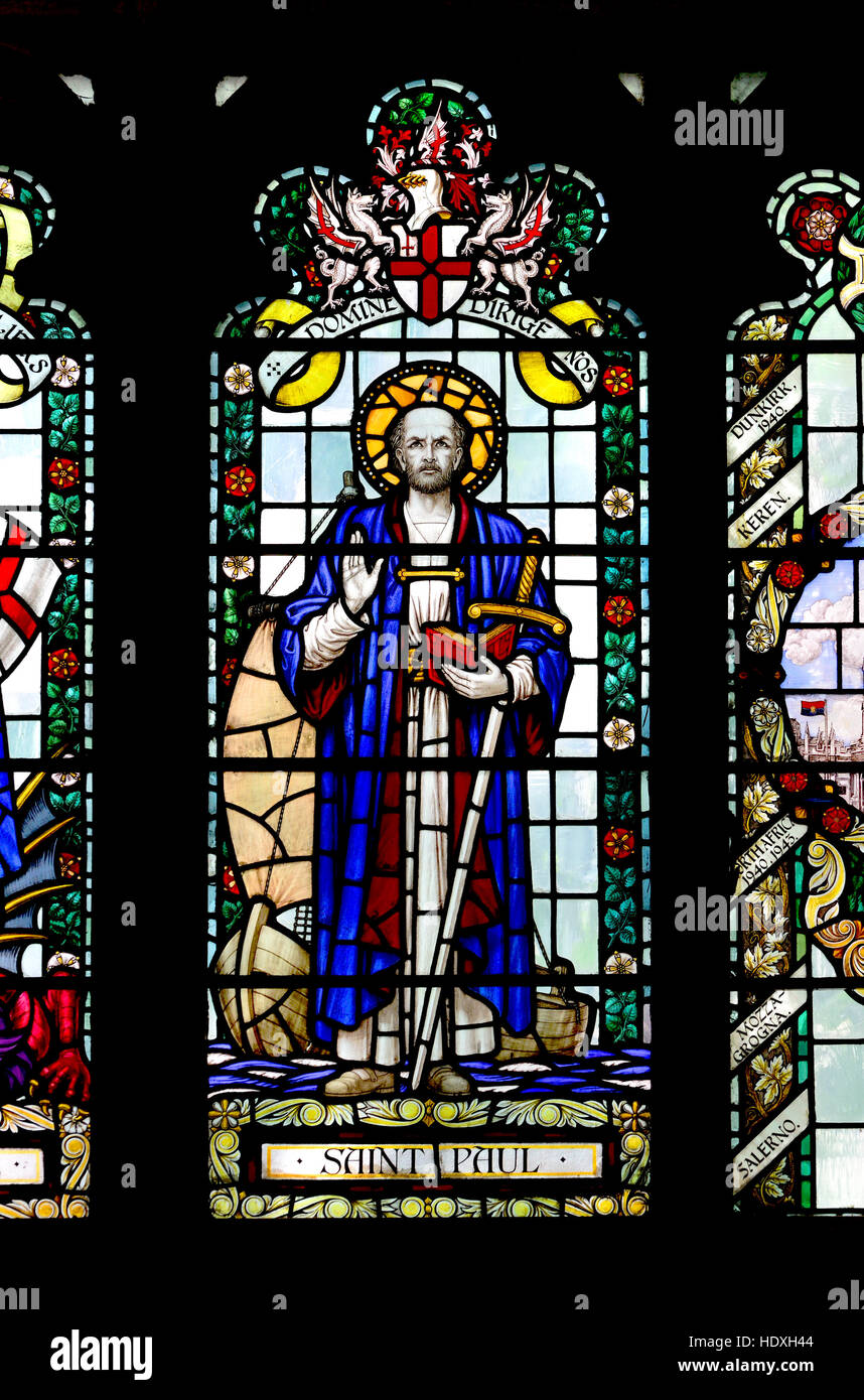 London England, UK. Church of the Holy Sepulchre / St Sepulchre Without Newgate. Stained Glass Window: St Paul 'Domine dirige nos' - Lord guide us (Mo Stock Photo