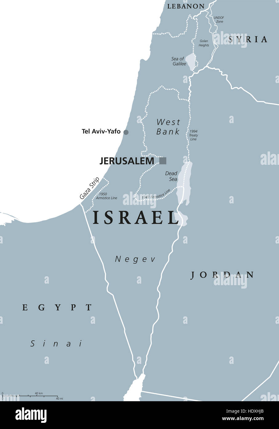 Israel political map with capital Jerusalem and neighbors. State of Israel, country in Middle East with Palestinian territories. Stock Photo
