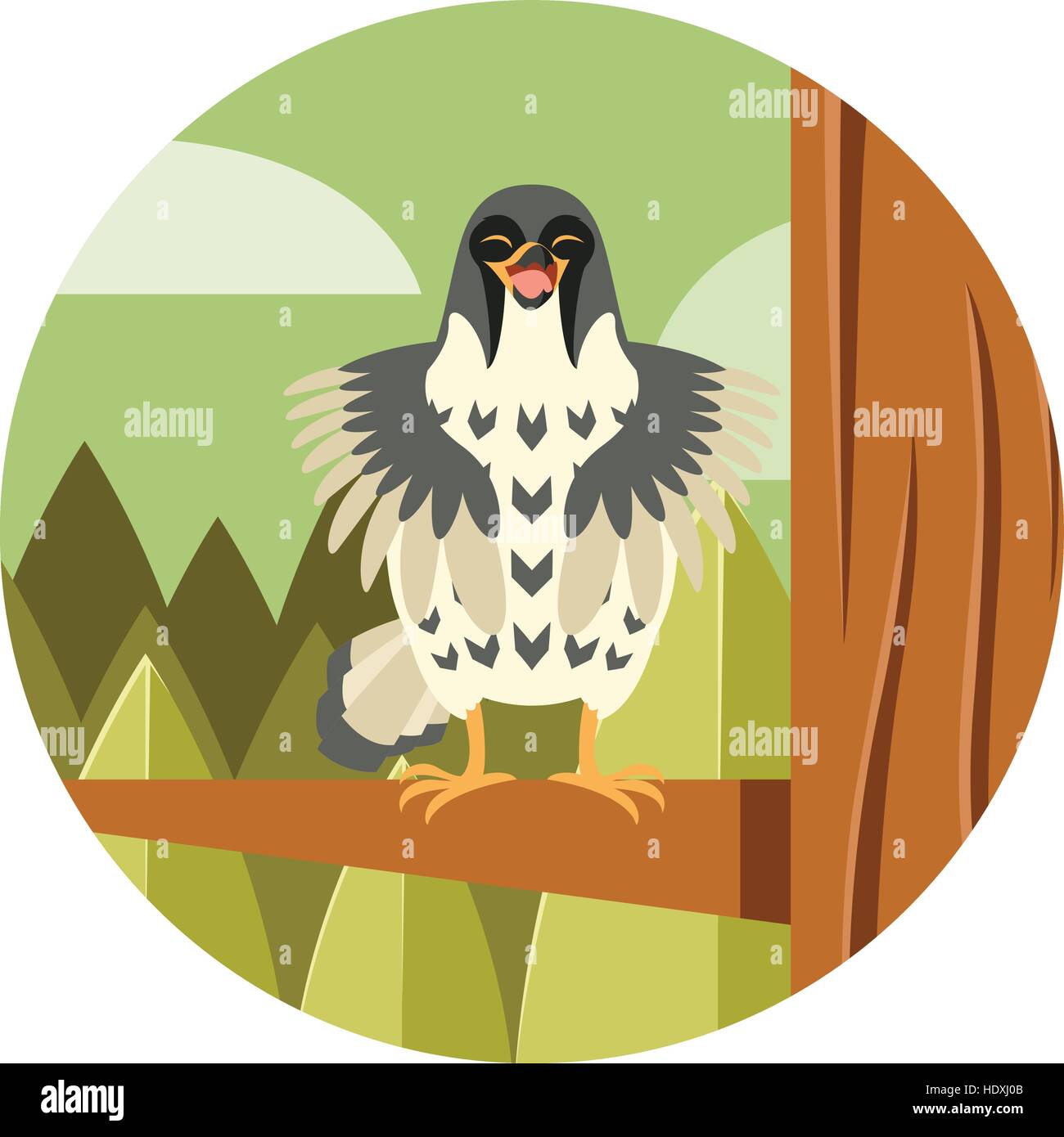 Vector image of the Happy Falcon on the Tree flat background Stock Vector