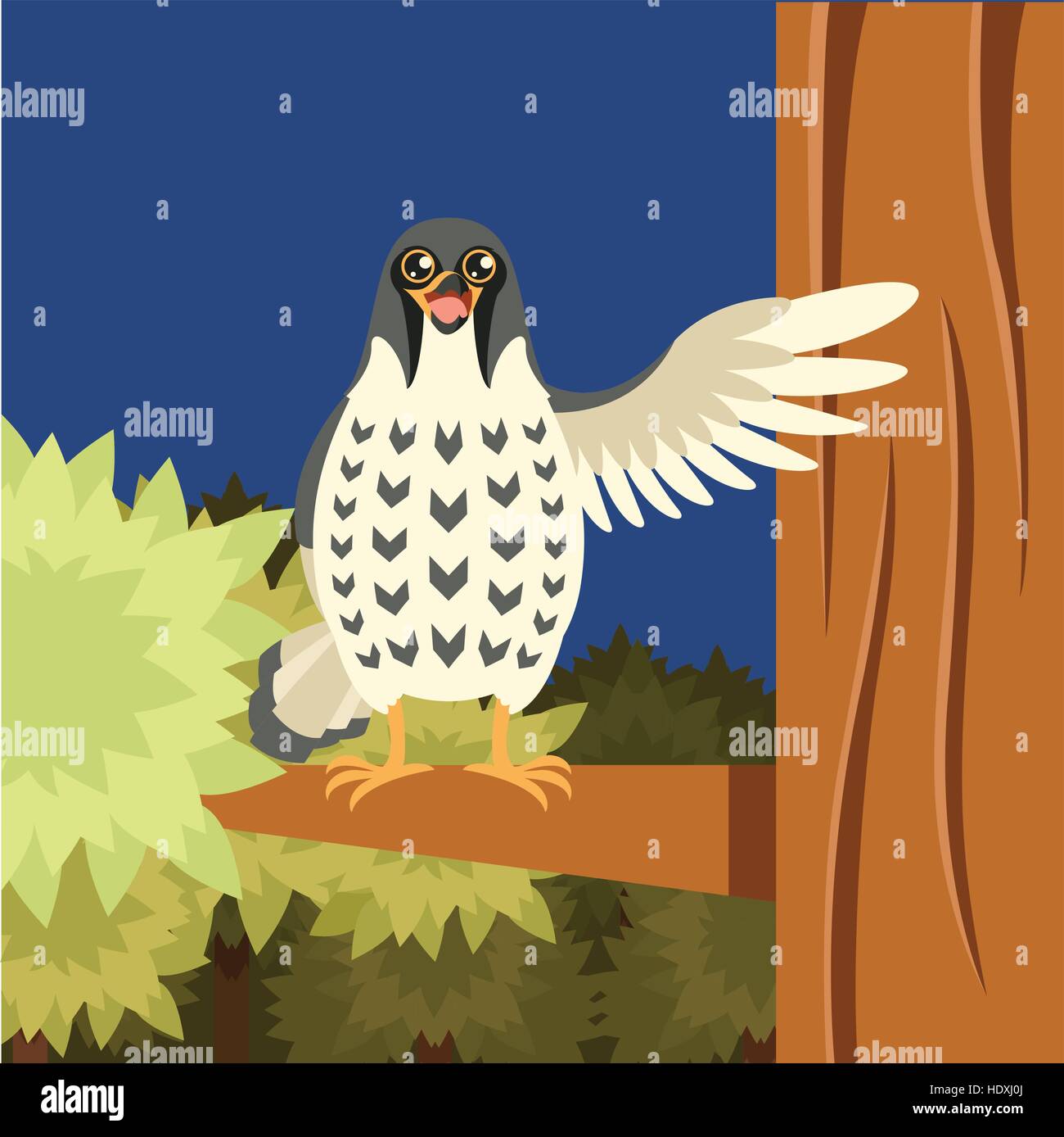 Vector image of the Happy Falcon on the Tree flat background Stock Vector