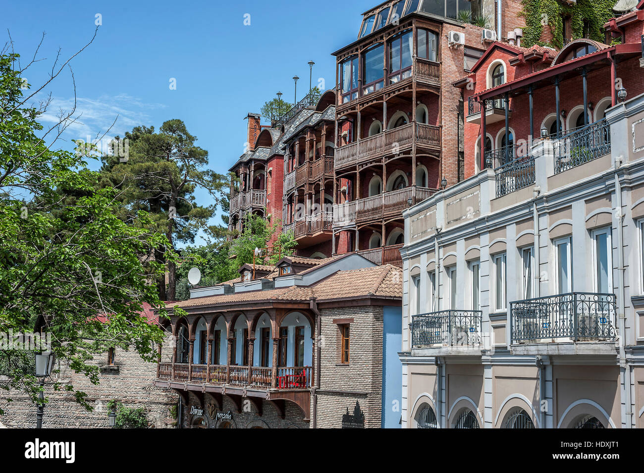 Georgia, Tbilisi , the old town area Avlabari. Famous Tbilisi balconies. Stock Photo