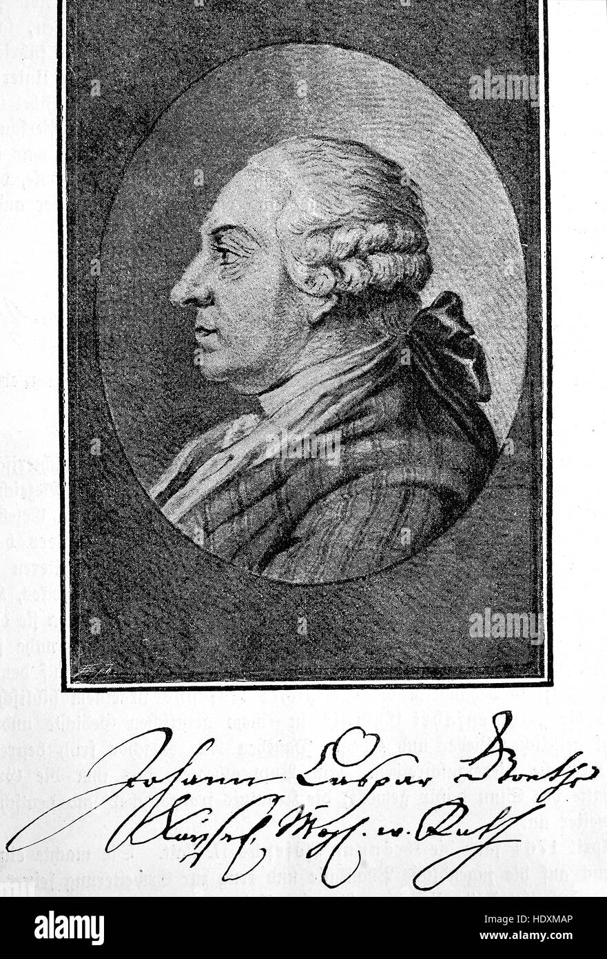 Johann Caspar Goethe, 1710-1782, the father of Johann Wolfgang von Goethe, was a wealthy lawyer and imperial council in Frankfurt am Main, woodcut from the year 1882, digital improved Stock Photo
