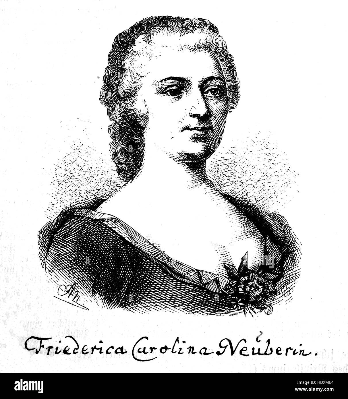 Friederike Caroline Neuber, also known as Friedericke Karoline Neuber, Frederika Neuber, Karoline Neuber, Carolina Neuber and Die Neuberin, 1697-1760, a German actress and theatre director, woodcut from the year 1882, digital improved Stock Photo