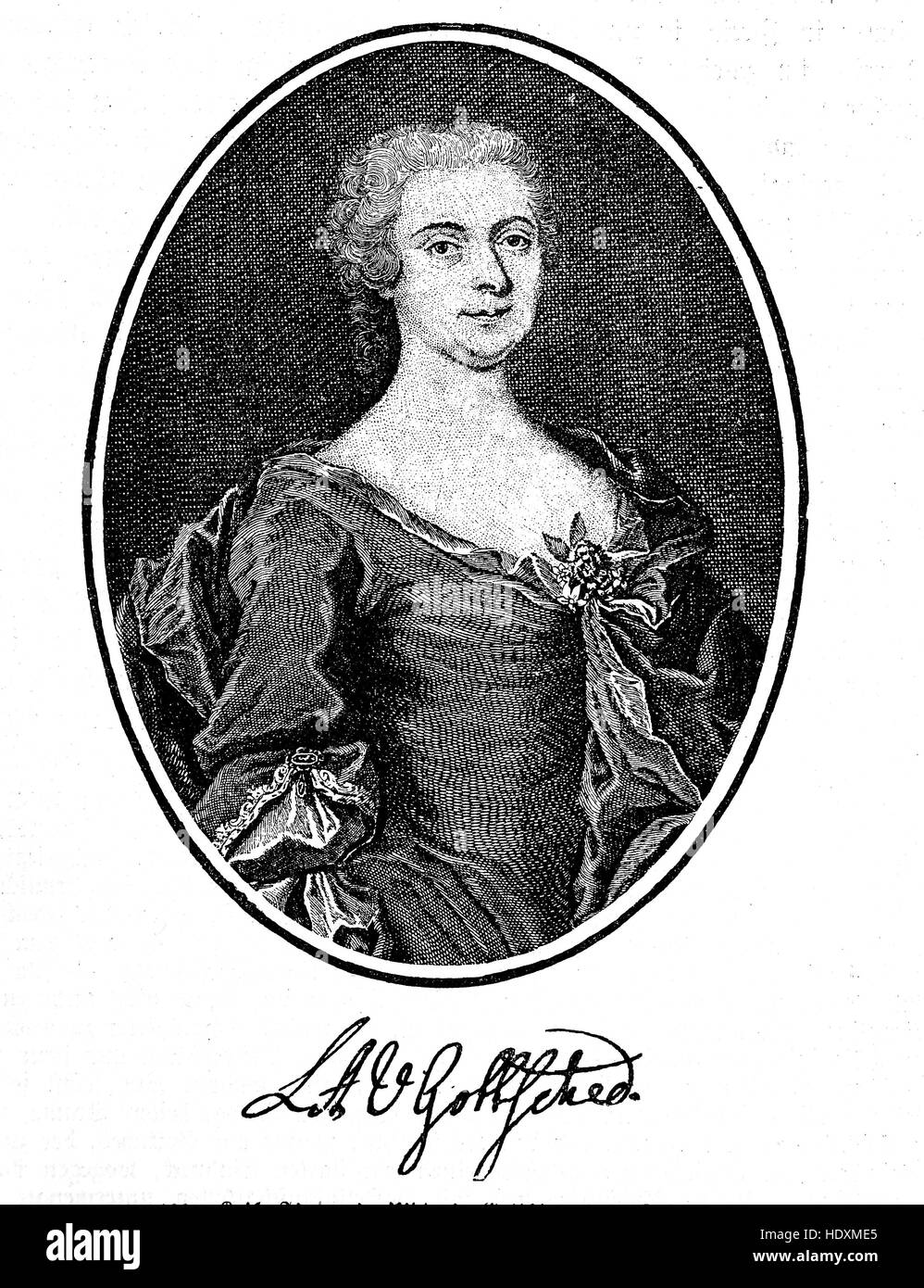 Luise Adelgunde Victorie Gottsched, 1713-1762, a German poet, playwright, essayist and translator, woodcut from the year 1882, digital improved Stock Photo
