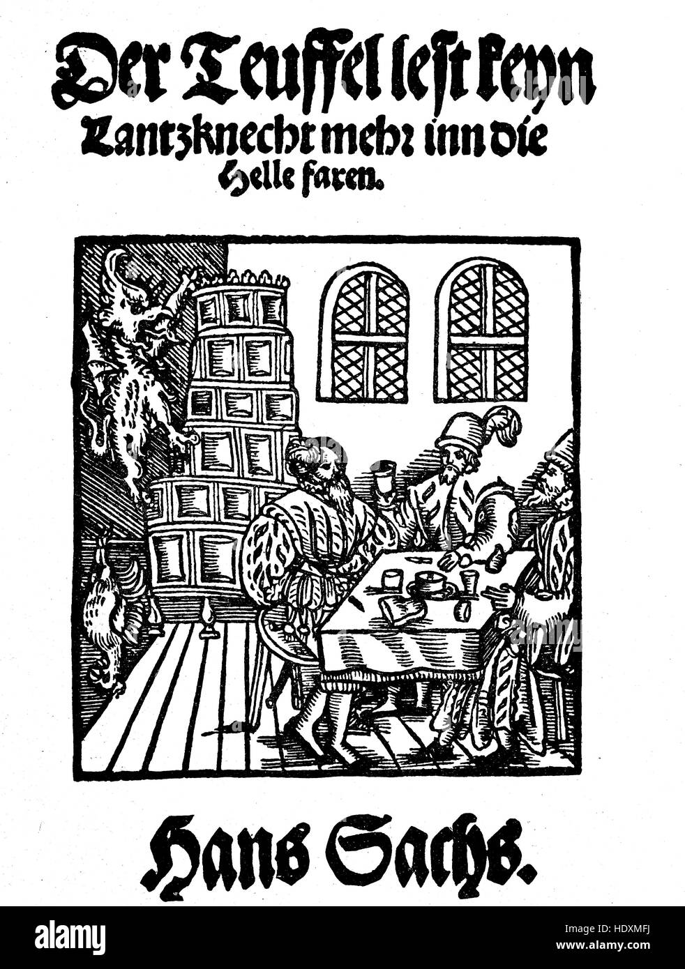The title of a comedy by Hans Sacks 1556, Der Teuffel lest keyn Lantzknecht mehr in die Helle faren, woodcut from the year 1882, digital improved Stock Photo
