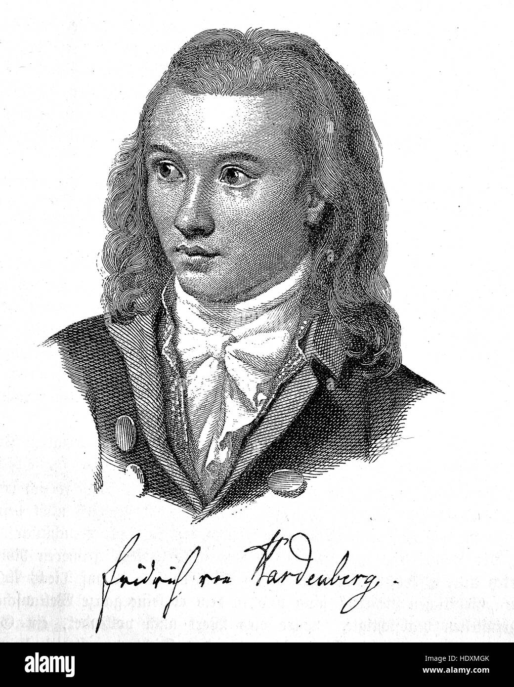 Novalis was the pseudonym and pen name of Georg Philipp Friedrich Freiherr von Hardenberg, 1772-1801, a poet, author, mystic, and philosopher of Early German Romanticism, woodcut from the year 1882, digital improved Stock Photo