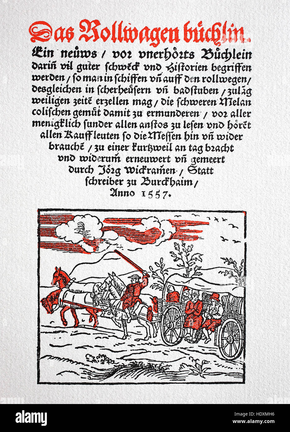 Title page of the book, Das Rollwagenbuechlein, a collection of historic comedies by Joerg Wickram., woodcut from the year 1882, digital improved Stock Photo