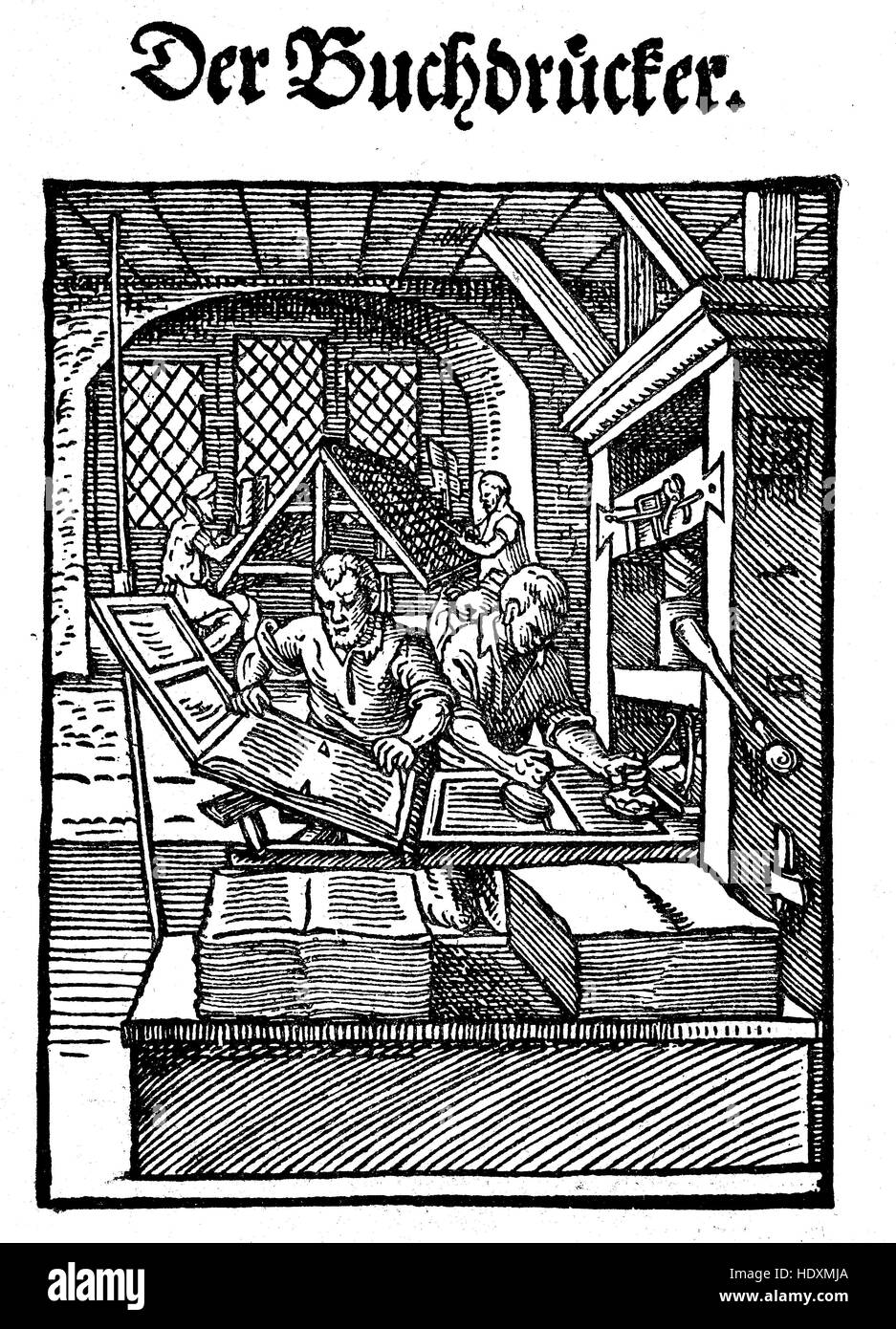 The Title, Der Buchdrucker, the book printer, the woodcut has created Ammann, the verses are by Hans Sachs, woodcut from the year 1882, digital improved Stock Photo