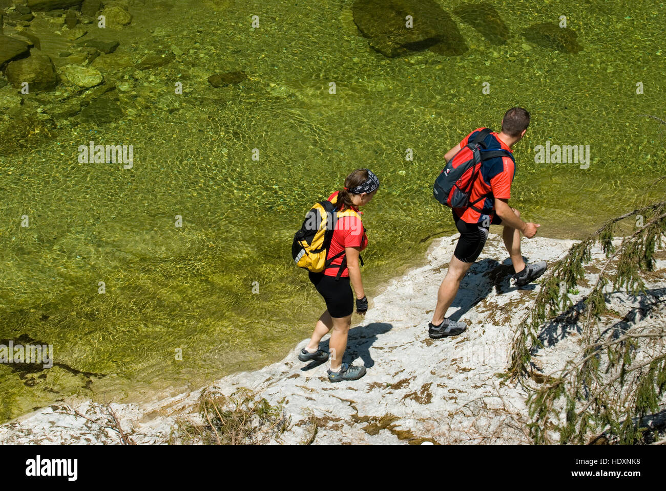 Couple by the mountain stream 'Grosse Schlucht', Kalkalpen National Park, Upper Austria, Europe Stock Photo