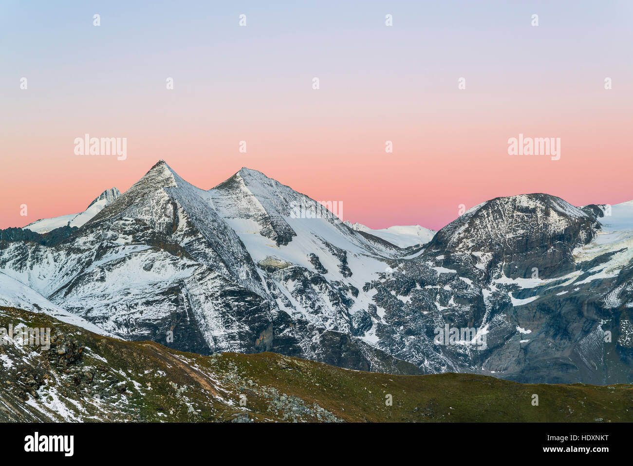 View of the Grossglockner High Alpine Road and the Sonnenwelleck at sunrise, Hohe Tauern National Park, Austria Stock Photo