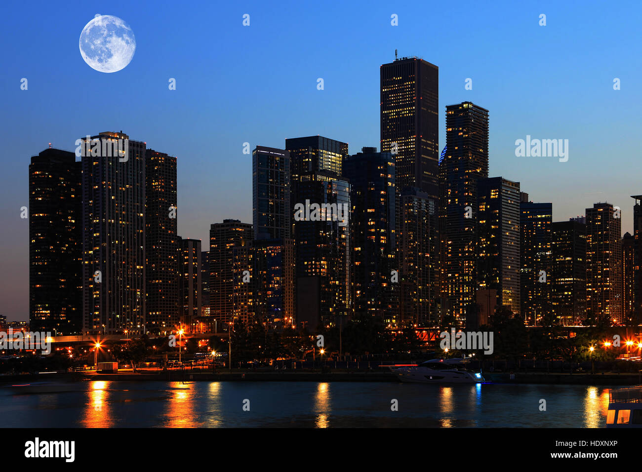 A Moon rising over Chicago, Illinois Stock Photo Alamy