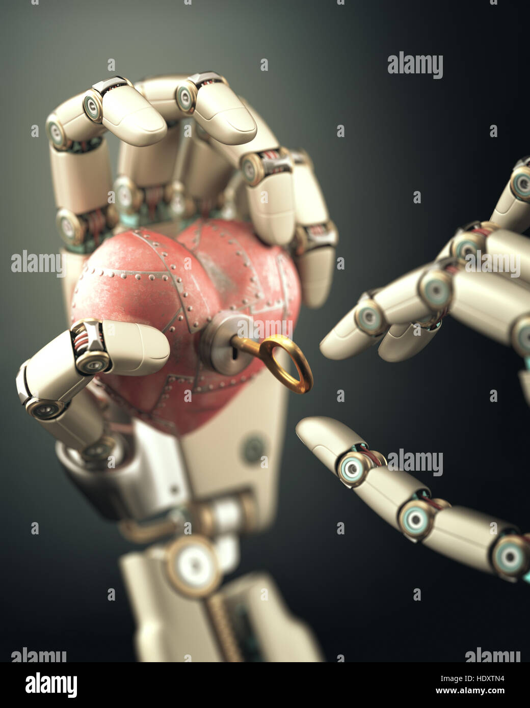 Heart of steel being opened by a golden key. 3D illustration, concept of love and feeling. Stock Photo