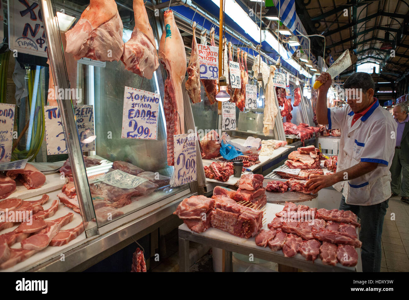 A butcher's stall with a display of meat in Athens central market Stock